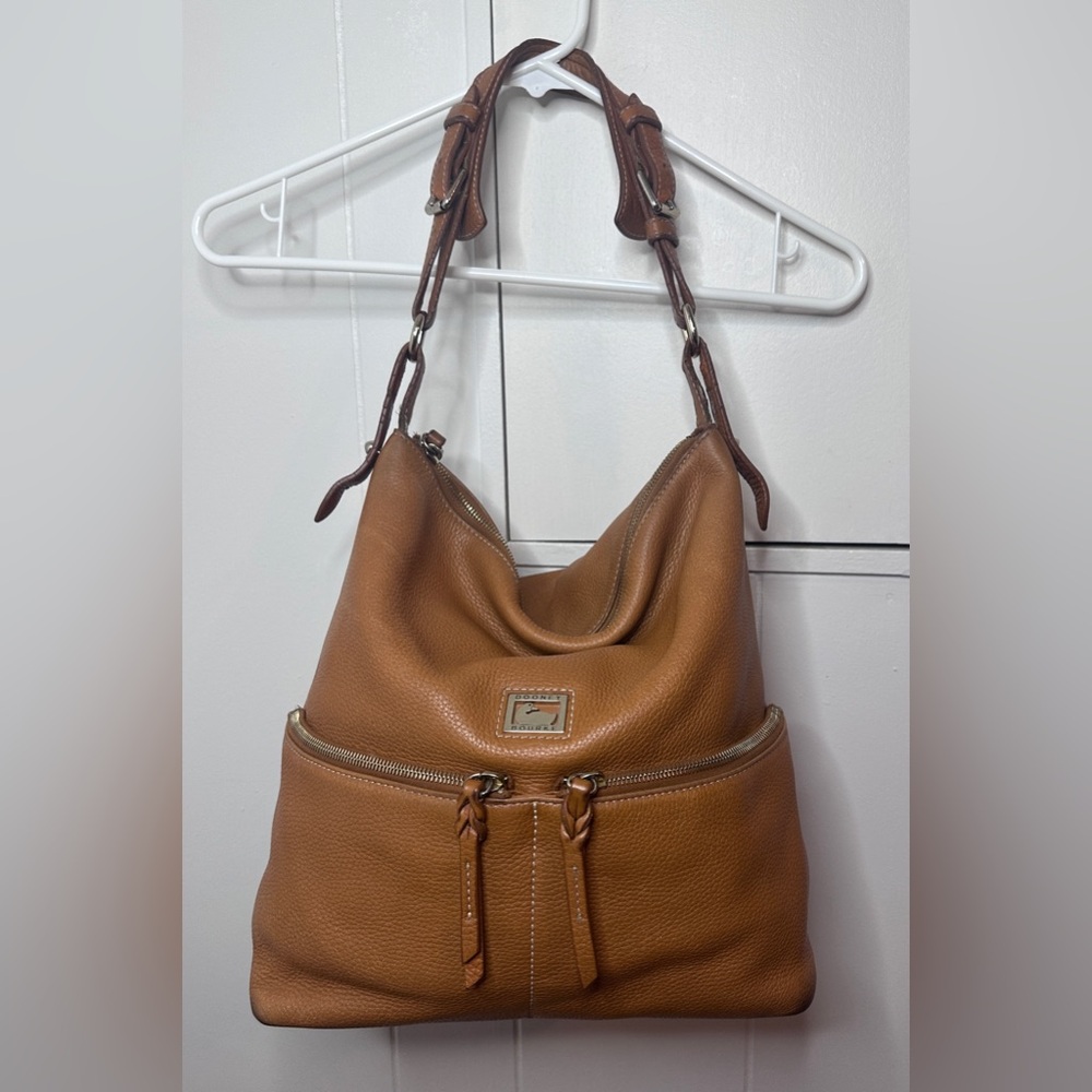 Dooney & Bourke Brown Pebbled Leather Hobo Bag Tan Camel Zip Pocket Shoulder Bag - Picture 2 of 16